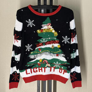 Ugly Christmas Sweater L 3D Tinsel "Light It Up"